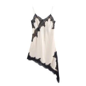 NWT Zara Medium Cream Black Satin Lace Asymmetrical Dress